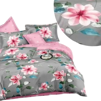 Pościel 160x200 bawełna szara w  różowe kwiaty- elegancka pościel PK809